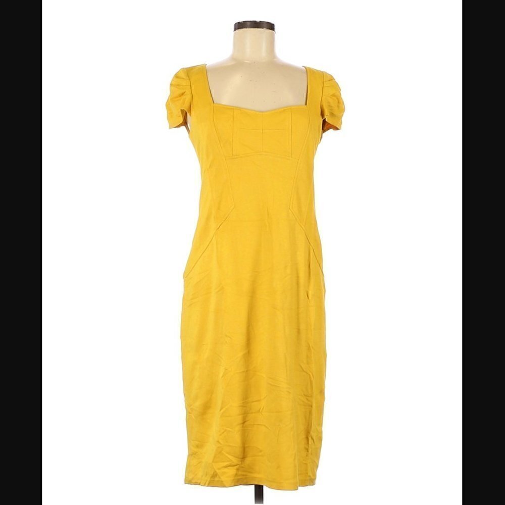 Nanette Lepore Dress 8 Yellow Empire Waist Back Pleats Cap Sleeves Cocktail